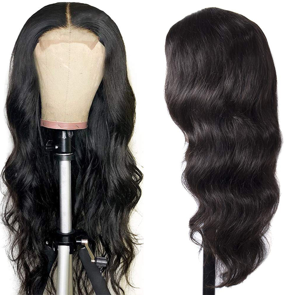 200% Density Body Wave 5X5 Transparent Closure Lace Wig Natural Black